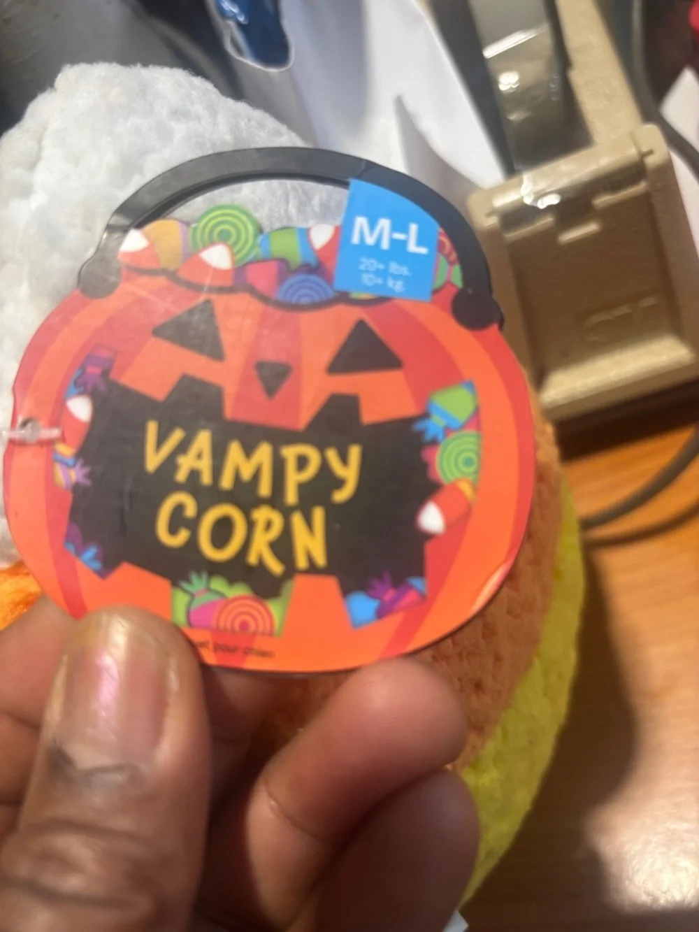 BARK Plush Vampy Corn Toy in Yellow Orange White with Purple Eyes